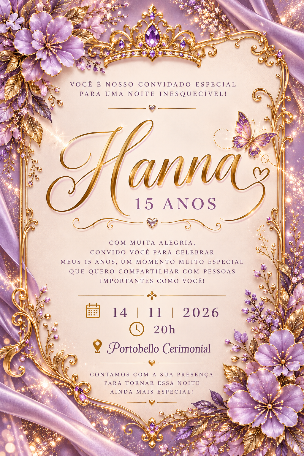 Convite Hanna 15 anos - 14/11/2026 às 20h - Portobello Cerimonial